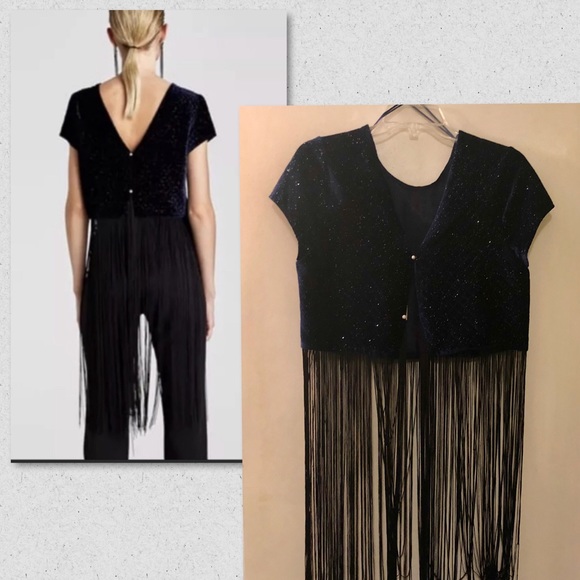 Zara Tops - Zara Blue Velvet Shimmer Crop Top w Fringe 🎉Party